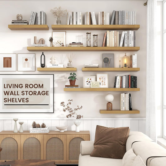 Floating Shelves for Wall, 2 Large Wall Mounted Shelves with Invisible Brackets, Long Wood Floating Wall Shelf Shelves for Living Room, Bedroom, Kitchen, (Oak, 24" W x 9" D x 1.5" H)