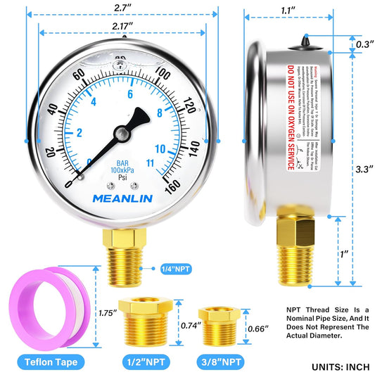 MEANLIN MEASURE 0~160Psi Stainless Steel 1/4" NPT 2.5" FACE DIAL Liquid Filled Pressure Gauge WOG Water Oil Air Lower Mount, with 1/2" NPT and 3/8" NPT Hex Bushing