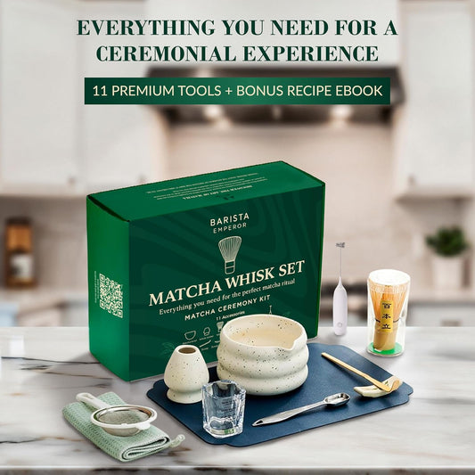 BARISTA EMPERORĀ® PREMIUM 11pcs MATCHA WHISK SET - Professional Matcha Kit Set with Matcha Bowl, Matcha Whisk, Milk Frother, Spoon, Matcha Sifter, Scoop, Scoop Stand, Measuring Cup, Tea Mat and Cloth