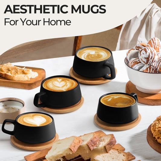 MIAMIO – 11 Oz., Set of 4 Ceramic Tea Cup and Saucer Bamboo/Tea Mug - Wide Cappuccino Cup, Coffee Cups Ceramic Mug for Cappuccino, Latte, Espresso & Americano - Luxe Collection (Black)