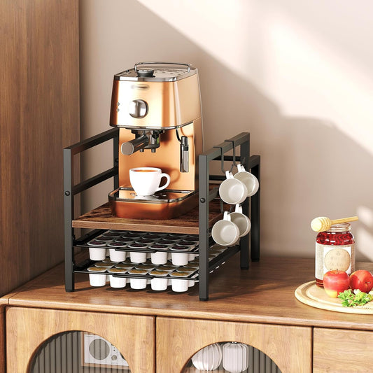 HOOBRO K Cup Holder, Coffee Pod Organizer for Counter, 70 Capacity Pods Storage Organizer, Coffee Maker Stand with Mug Rack, Coffee Station for Syrup, Rustic Brown and Black BF03CR01