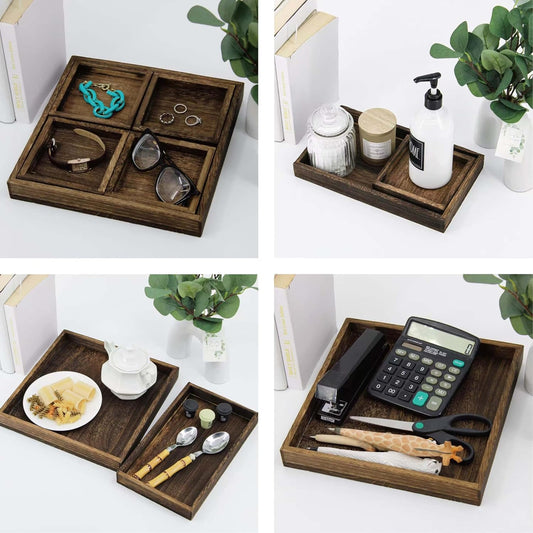 Rustic Wooden Serving Trays with Handle, Serving Platters, Charcuterie Board Set of 3 Nesting Food Trays for Serving Food, Home Decor/Breakfast/Coffee Table/Butler/Ottoman/Bed Tray