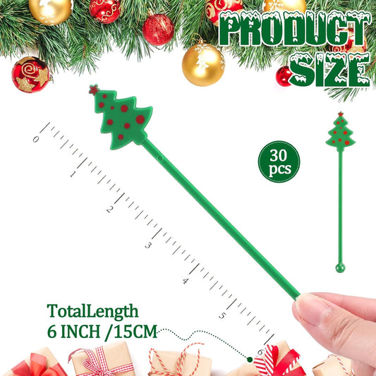 30 Pcs Christmas Drink Stirrers Xmas Stir Stick Holiday Coffee Swizzle Stick Reusable Plastic Hot Cocoa Bar Chocolate Decoration Cocktail Mixer(Christmas Tree,Green)