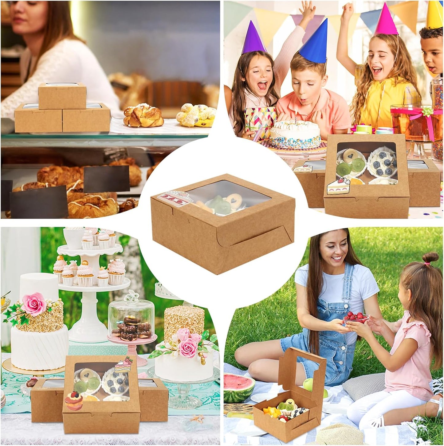 OAMCEG 80 Pack Cookie Boxes with Window, 6x6x3 Inches Brown Bakery Treat Boxes with Stickers & Twine for Pastry, Desserts, Strawberries, Cupcakes, Gift Giving