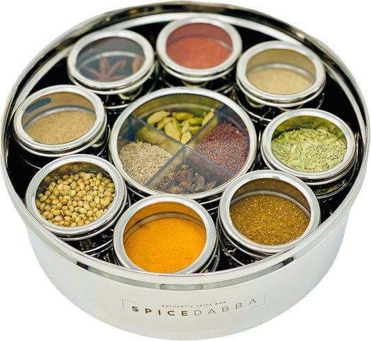 spice dabba Stainless Steel Indian Spice Box, Steel Masala Dabba 12 Spices, Lid Spice Box, Authentic Spices, Masala Box with Individual containers | Size 9 x 9 x 3 IN (Indian Spice Box Only)