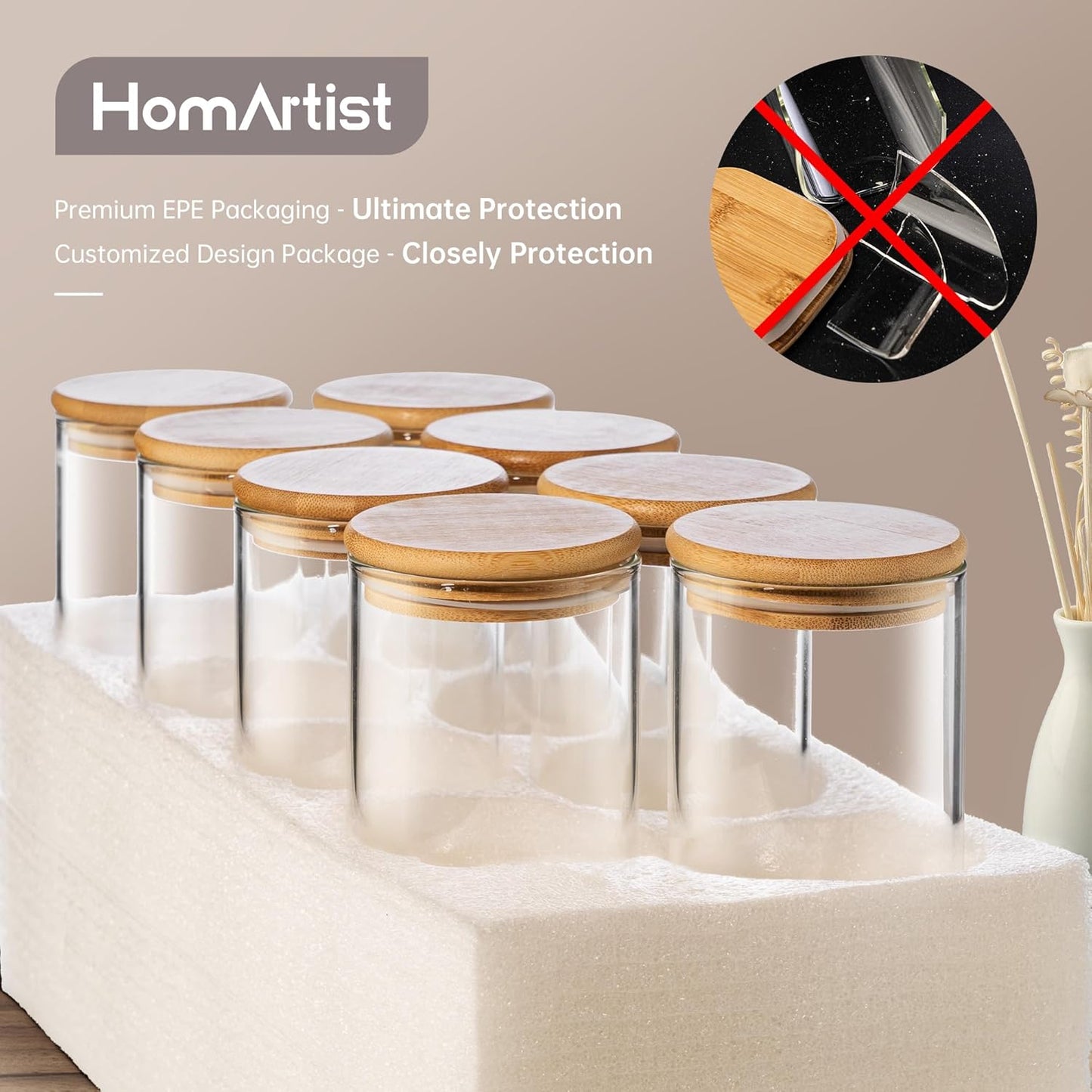 21oz - 4 Pack Square Glass Jars with Bamboo Lids, Glass Food Storage Containers with Airtight Lids, Air Tight Pantry Storage Containers for Coffee, Sugar, Spice, Meal Prep Jars for Salad & Fruit