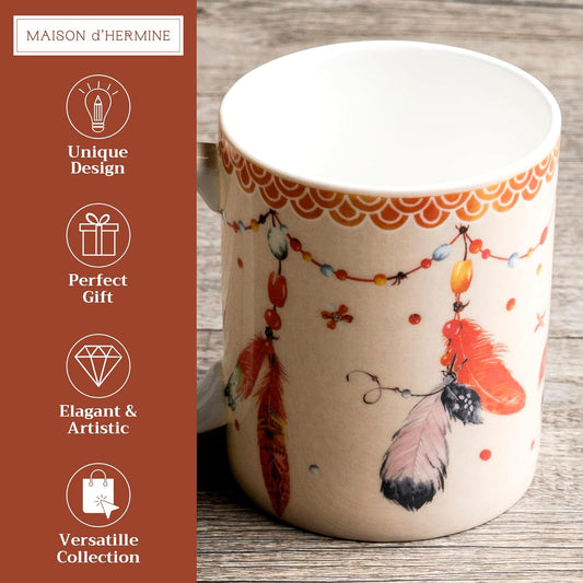 Maison d' Hermine Coffee Mug with Handles Fine Bone China Mugs Pack of One Tea Cups for Hot Beverages Cappuccino Latte Home Restaurant Office Perfect for Gift (Ibiza - Beige - Feather, 15 Ounce)