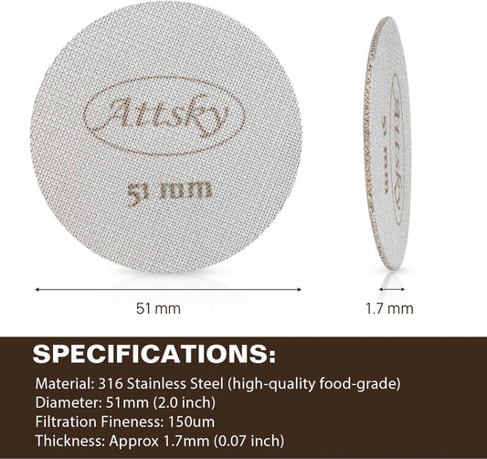 51mm Espresso Puck Screen, Espresso Filter for 51mm Portafilter Filter Basket, Reusable Espresso Screen with 1.7mm Thickness 150μm 316 Stainless Steel