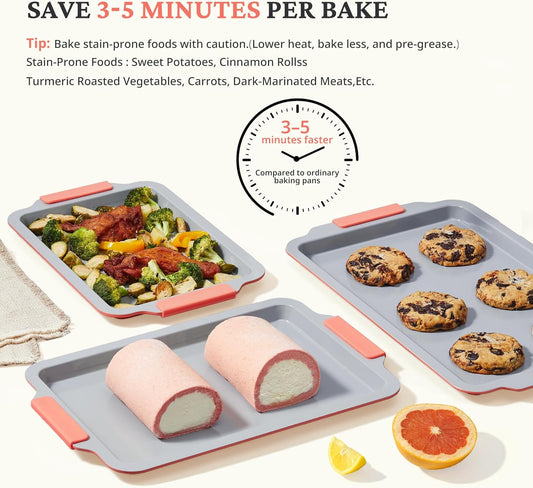 BRONYPRO Non Stick Ceramic Baking Sheet Pan Set of 3, Natural Non Toxic Cookie Sheets for Baking - PFOA, PTFE Free, Heavy Duty Aluminized Steel Oven Trays for Cooking with Silicone Handles, Coral