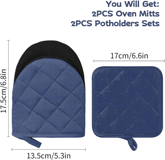 Oven Mitts and Pot Holders Set, Pack of 4, Heat Resistant Silicone Kitchen Mini Oven Mittens for 500 Degrees, Mini Oven Gloves and Hot Pads for Baking Grilling Barbecue Microwave Machine Washable
