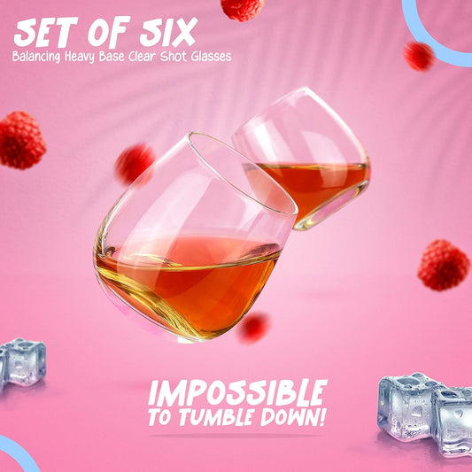 Cool Shot Glasses Set, Round Bottom Balancing Heavy Base Clear Glass, Tequila Vodka Scotch and Liquor Cordial Mini Cups, 2 oz, 6 pcs Gift set