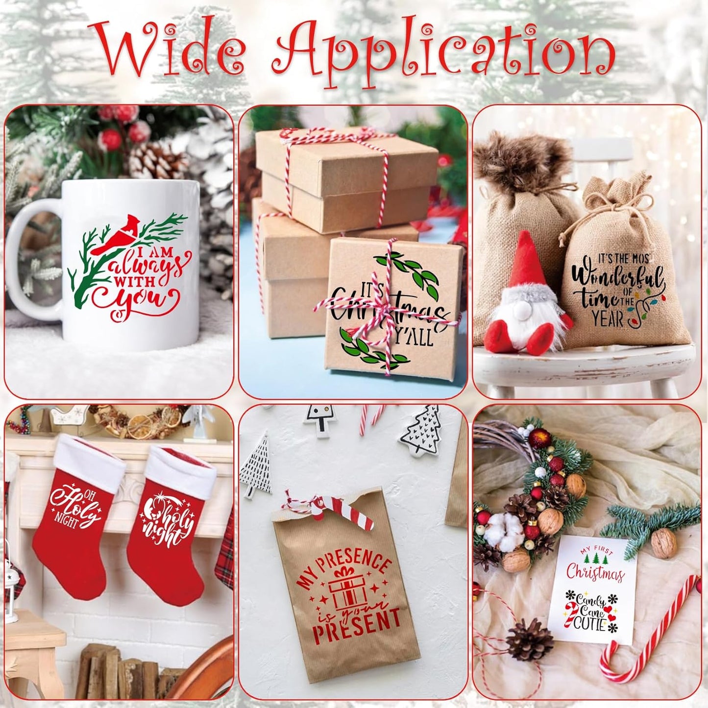 30 Pcs Christmas Stencils for Painting on Wood 4 Inch Reusable Small Christmas Ornament Stencil for DIY Crafts Ornament Wood Card Paper Fabric (30 Words)