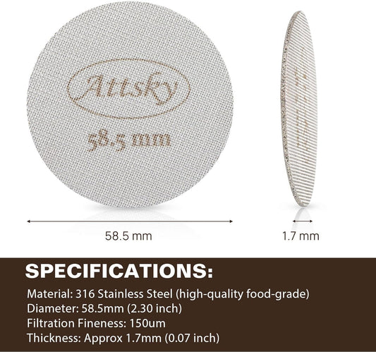 58.5mm Espresso Puck Screen, Espresso Filter for 58mm Portafilter Filter Basket, Reusable Espresso Screen with 1.7mm Thickness 150μm 316 Stainless Steel