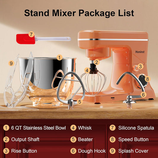 10-Speed Stand Mixer with 8-in-1 Splash Guard, Tilt-Head, 6QT Stainless Steel Bowl+Dishwasher-Safe Dough Hook/Whisk/Beater/Spatula for Baking Bread, Cakes, Cookies, Orange