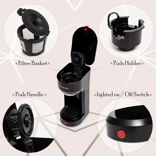 Mixpresso 2-in-1 Coffee Maker – Single Serve & Ground Coffee Brewer, Compact Personal Coffee Machine for Pods & Loose Grounds, Quick Brew 14 oz Portable Small Coffee Maker, Black