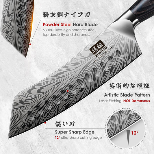 SHAN ZU 7 inch Chef Knife in Powder Steel, Ultra Sharp Japanese Santoku Knife, High Carbon Professional Kitchen Knives with Ergonomic Pakkawood Handle, Utility Knives for Meat and Vegetable