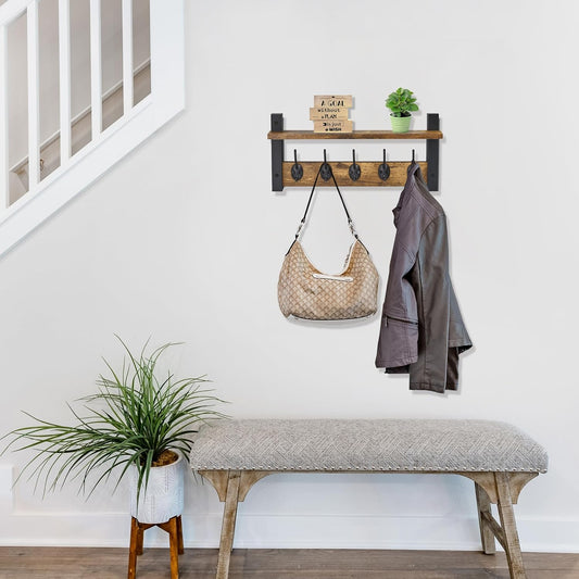 Sorbus Coat Hooks Wall Mount with Shelf – 16 Inch Coat Rack Wall Mount with 5 Heavy Duty Hooks – Floating Wall Shelf with Hooks for Entryway, Bathroom, Bedroom, Kitchen, or Mudroom (Rustic Brown)