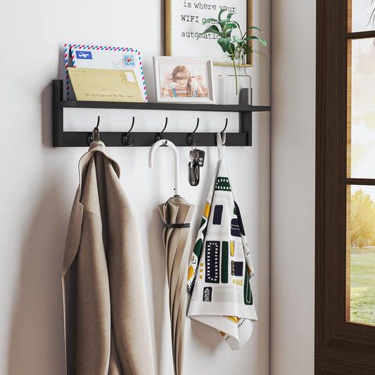 BAMEOS Wall-Mounted Shelf with Hooks - 28.9 Inch Entryway Hanging Shelf with 5 Dual Hooks for Bathroom, Living Room, Bedroom (Black)