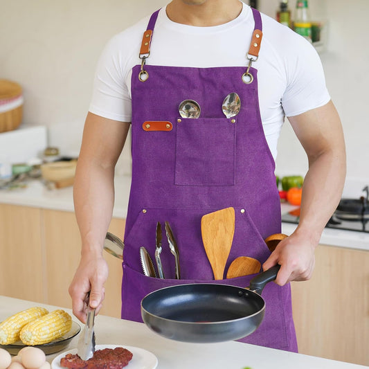 Canvas Aprons for Men Chef Apron, Work Apron with Large Pockets - 16oz Heavy Duty Cross Back, BBQ, Cooking