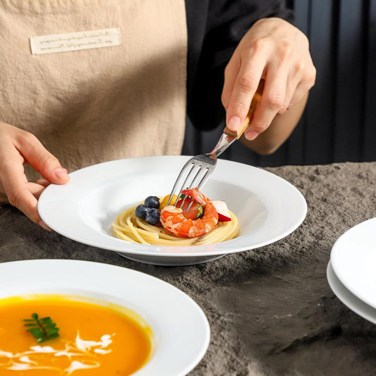 fMBB Ceramic Soup Bowls Shallow Plates, 4 Pack White Dinner Bowls Plates, Porcelain Wide Rim, 8.5 Inch (8.5 oz) Shallow Bowls - Ideal for Soup, Dessert, Salad and Pasta, Microwave and Dishwasher Safe