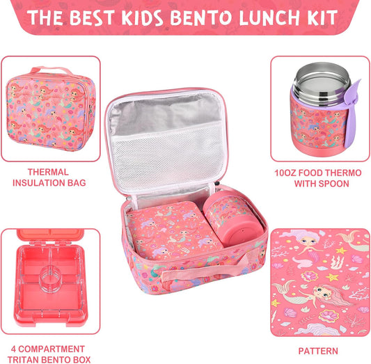 Bento Lunch Box Set With 10oz Soup Thermo, Leak-proof Lunch Containers with 4 Compartment, Kids Hot Thermo Food Jar/Insulation Lunch Bag, Food Containers for School(Mermaid)