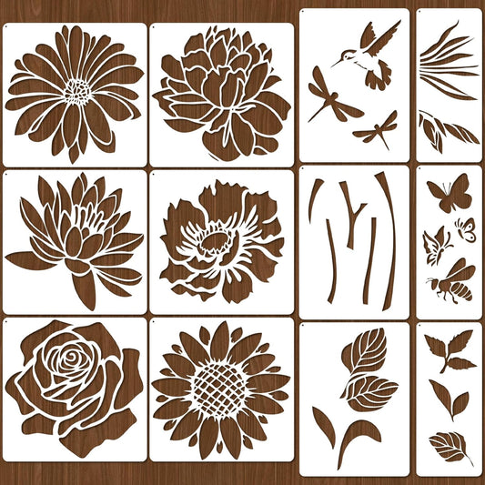 12 PCS Large Flower Painting Stencils, Reusable Sunflower Stencils for Painting on Wood Rocks Canvas Fabric Glass Pottery DIY Painting Art Projects