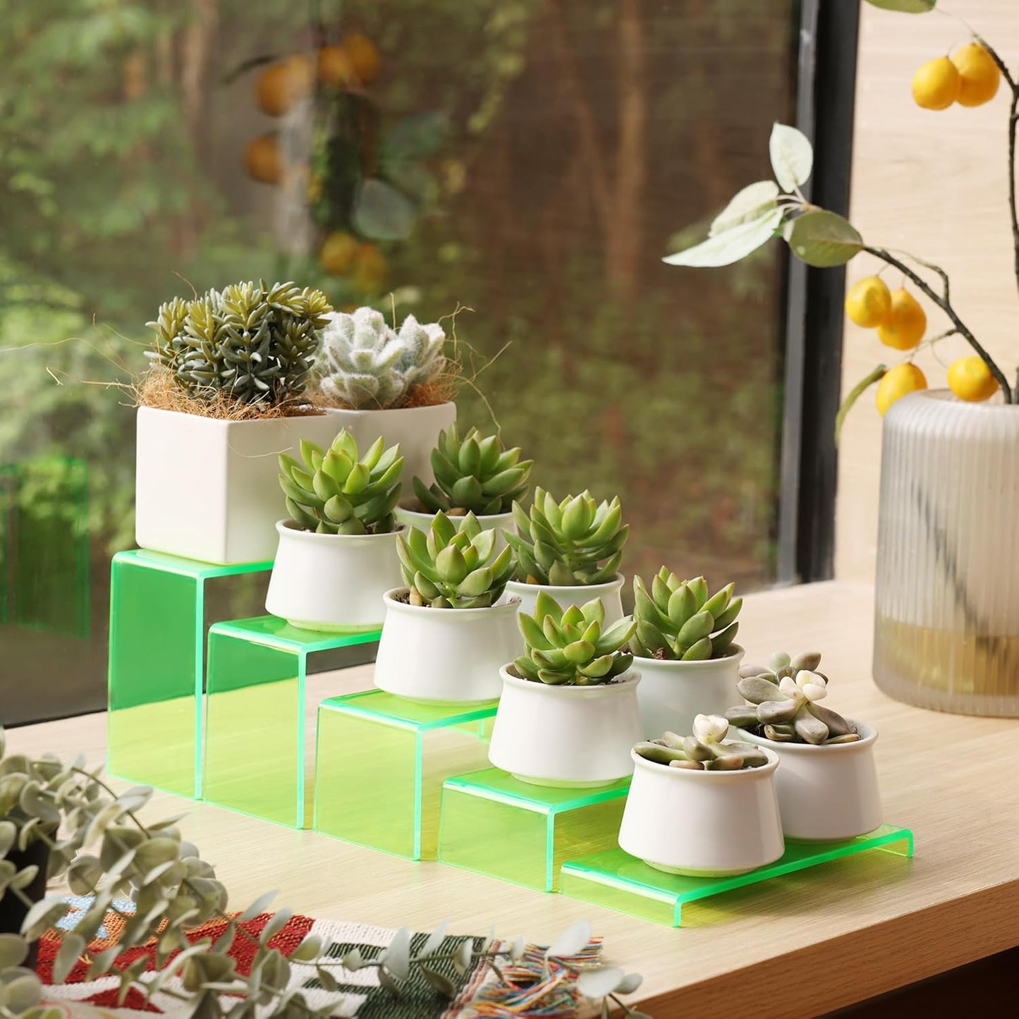Goabroa Acrylic Display Risers, 2 Sets 10 Pcs Perfume Stand Organizer, Rectangular Acrylic Display Shelves for Figures, Cupcake, perfume, Wine Glass and Handbag, Transparent Green