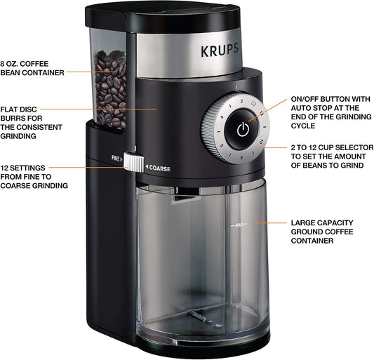 KRUPS Precision Burr Coffee Grinder: 12 Settings, 8 oz Capacity for Drip, French Press, Espresso, Pour Over, Cold Brew - Stainless Steel, 110W, Auto-Stop, Easy Clean
