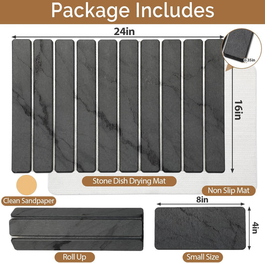 2 PCS Large Stone Dish Drying Mat for Kitchen Counter,Quick Dry Stone Dishes Mats,Marbled Water Absorbing Diatomaceous Earth Drying Pad for Countertop Bottles Utensils Cups(Dark Gray 24"×16" & 8"x4")