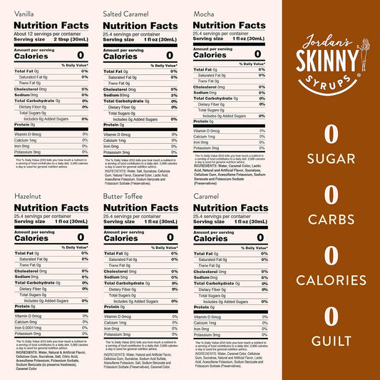 Jordan's Skinny Syrups Sugar Free Coffee Syrup, Vanilla, Salted Caramel, Hazelnut, Mocha, Butter Toffee, and Caramel Syrups, Zero Calorie Flavoring, 25.4 Fl Oz (Pack of 6), Sampler Variety Pack