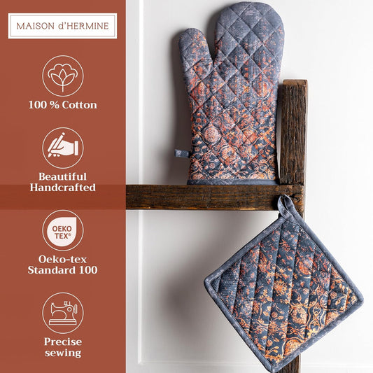 Maison d' Hermine 100% Cotton Oven Mitt & Pot Holder Set (7.5"x13" & 8"x8") Heat Resistant BBQ Cooking Gloves with Loop, Baking, Grilling, Kitchen, Handling Hot Pans (Imperfection)