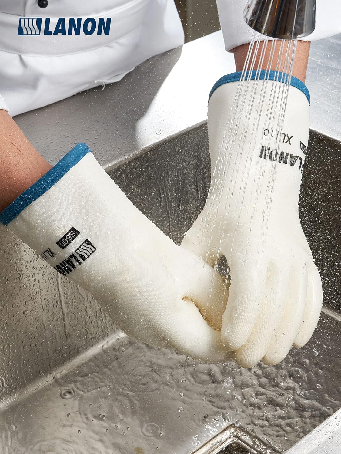 LANON Liquid Silicone Gloves, Heat Resistant Oven Gloves with Fingers, Food Grade, Waterproof, White, Medium