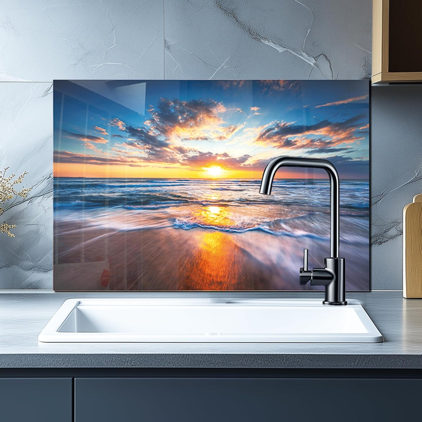 Tempered Glass Backsplash For Kitchen Behind Stove,Sea Beach Stove Backsplash Top Cover,Easy to Clean Glass Splashback, Sink Cover Splash Guard,Home Kitchen Wall Decor (30"x14"(76.2x35.56cm))