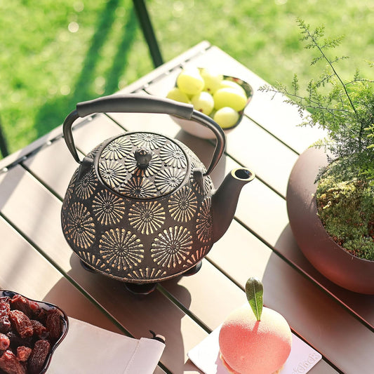 Cast Iron Teapot, 40oz Tea Kettle with Infuser for Stove Top, Sakura Design Japanese Tea Pot for Tea&Coffee Coated with Enameled Interior, Silicone Handle 1200ml black