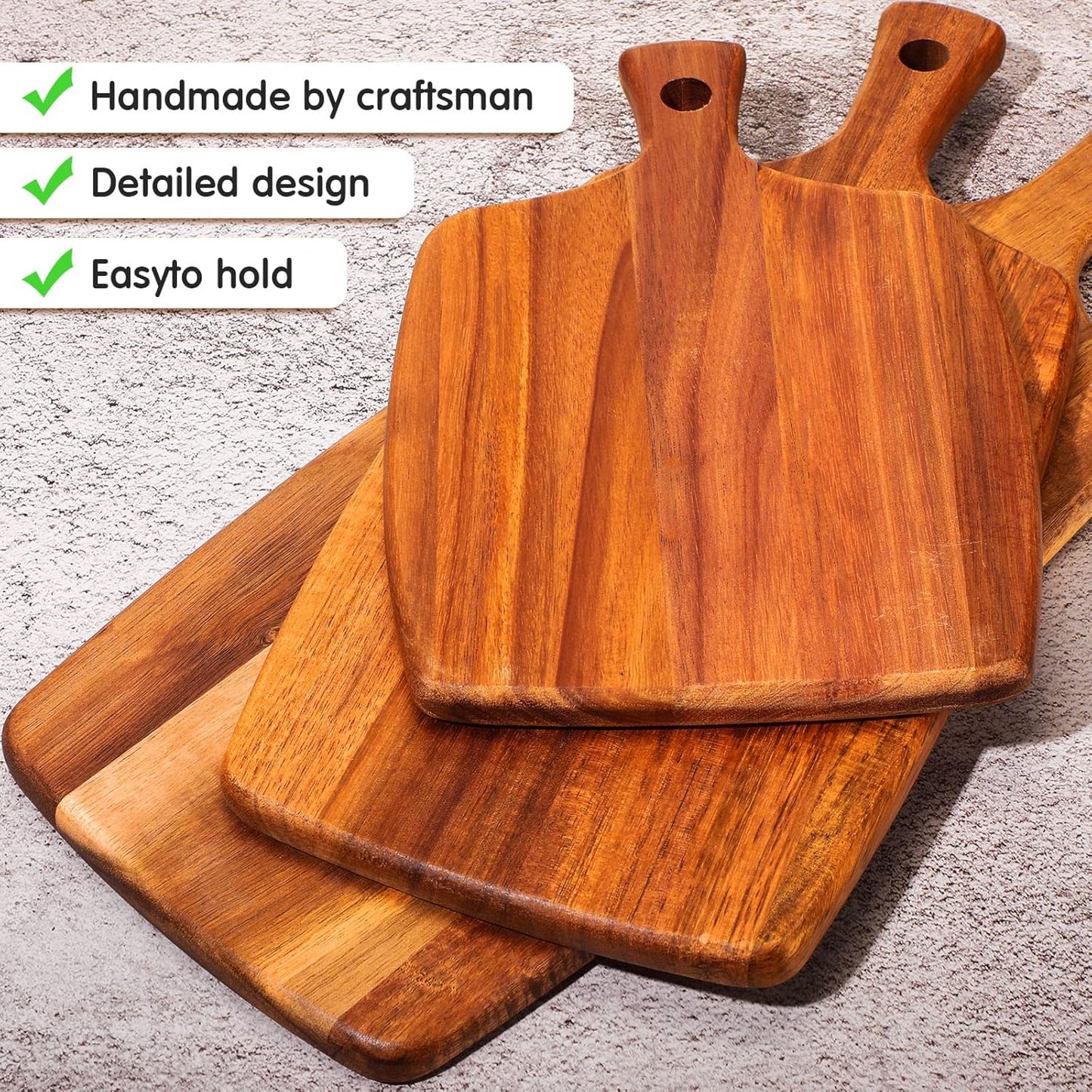 Kathfly 3 Pcs Acacia Wood Cutting Board with Handle Wooden Laser Kitchen Serving Charcuterie Board for Vegetables Meat Pizza Cheese Fruit Bread(17 x 7 Inch)