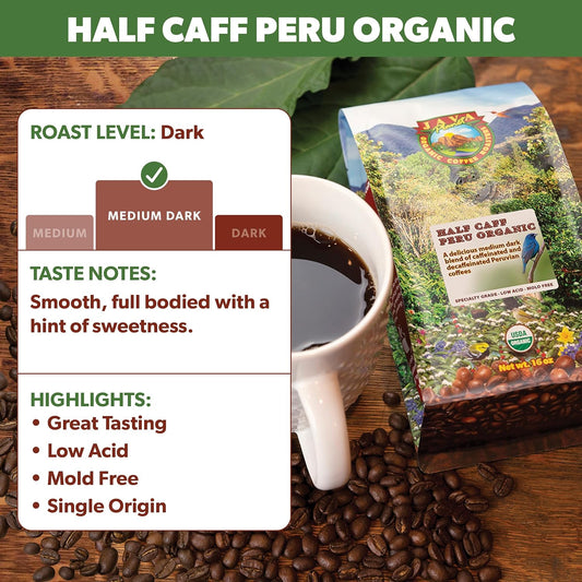 Low Acid Organic Coffee – Whole Bean, Mold-Free & Stomach Friendly by Java Planet, Peruvian Single Origin Half Caff Coffee, Medium Dark Roast, Arabica Gourmet Coffee Grade A, 1LB Bag