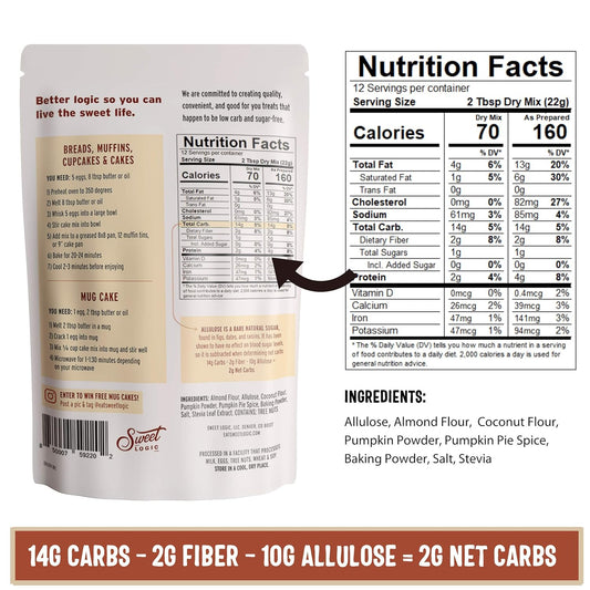 Sweet Logic Keto Baking Mix - Pumpkin Spice Muffin - Gluten-Free - Dairy Free - Diabetic-Friendly - High Protein - Allulose - Stevia - Low Sugar - Low Carb - Quick 20-Minute Prep (1-2G Carbs Per Serving)