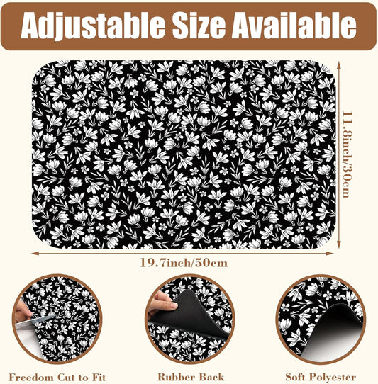 Black and White Flowers Dish Drying Mat for Kitchen Counter Coffee Bar Mat Hide Stain Absorbent Rubber Backed Drying Rack Pad Espresso Machine Coffee Bar Accessories 11.8 x 19.7 Inch