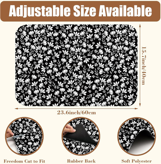Black and White Flowers Dish Drying Mat for Kitchen Counter Coffee Bar Mat Hide Stain Absorbent Rubber Backed Drying Rack Pad Espresso Machine Coffee Table Accessories 15.7 x 23.6 Inch