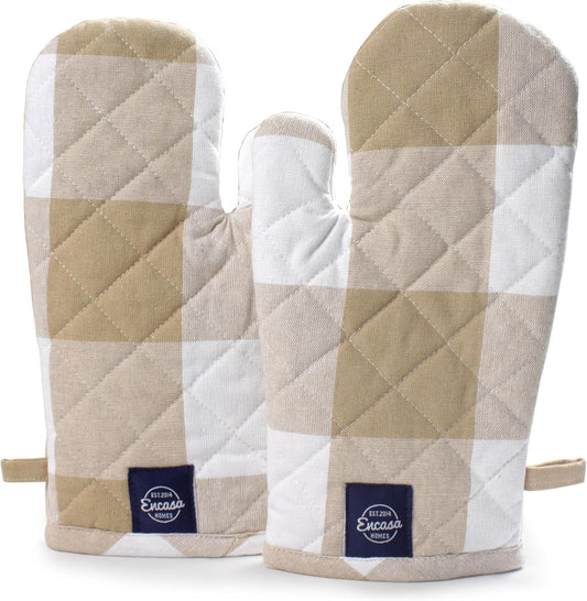Encasa XO Long 12"x7" Oven Microwave Hand Gloves Mitts (2 pc Set) for Kitchen Cooking & Baking - Heat Resistant, Thick & Safe, Protection of Hands from Hot Utensils - Buffalo Beige Checks