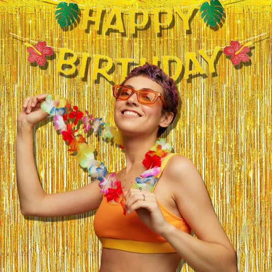 BRAVESHINE Gold Tinsel Foil Fringe Curtains - 2Pcs 3.2x8.2ft Holidays Photo Backdrop for Men 60th Birthdays/Bridal Wedding/Engagement/Anniversary/Hawaiian/Luau/Christmas/New Years Party Decorations