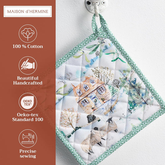 Maison d' Hermine Pot Holders 100% Cotton Heat Resistant Potholders 8" x 8" Hot Pads with Loop BBQ, Cooking, Baking, Grilling, Kitchen, Handling Hot Pans (Pack of 1, Snowy World)
