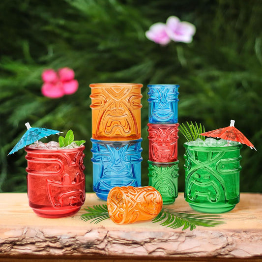 Final Touch Tiki Shot Glasses Set of 4 - Kanaloa, Lono, Kū, Kāne Designs, 2 oz (60 ml), Multicoloured, Stackable Totem Pole Storage, Durable Glassware for Tropical Shots (TK5402)