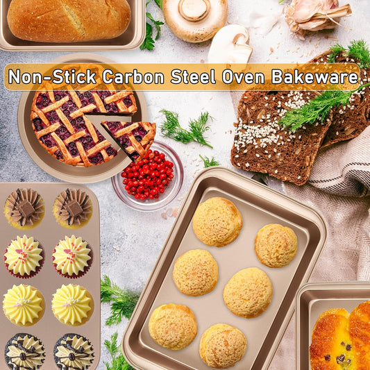 Nonstick Baking Pans Set, 5-Piece Kitchen Baking Sheets for Oven, Bakeware Sets with Round/Square Cake Pan, Muffin Pan, Loaf Pan, Roast Pan, mobzio Cookie Sheet Set Baking Supplies (Champagne Gold)