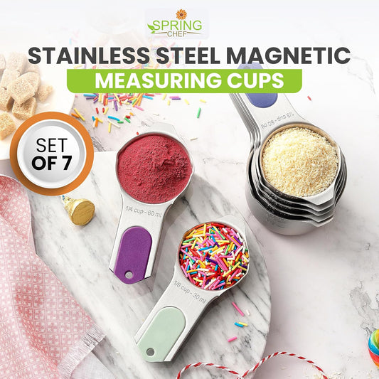 Spring Chef Magnetic Stainless Steel Measuring Cups (Patent Pending), Kitchen Tools with Easy to Read Markings for Measuring Dry or Liquid Ingredients, Set of 7, Winter Frost