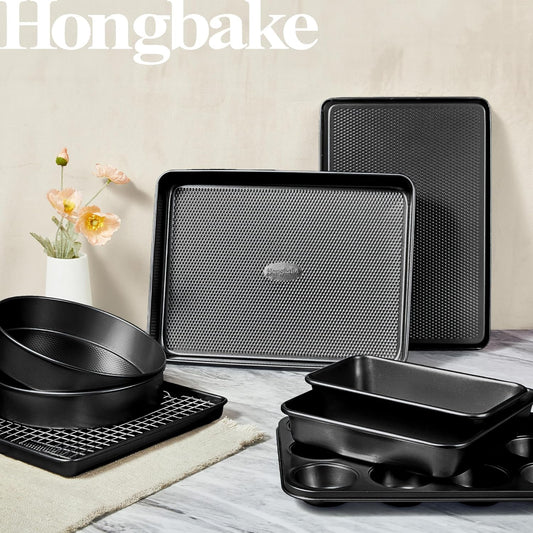HONGBAKE 9-Piece Baking Pans Set Nonstick, Stackable Non Toxic Bakeware Sets with Diamond Texture, Oven Pan Set for Cooking, Includes Cookie Sheet with Rack, Cake Pan, Roasting Pan, Muffin Tin, Gray