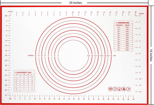 Yansumi silicone pastry non stick baking mat with measurement fondant mat with three sizes for silicone baking mat, counter mat, dough rolling mat,fondant/pie crust mat. (L,24"L x 16"W,Red)