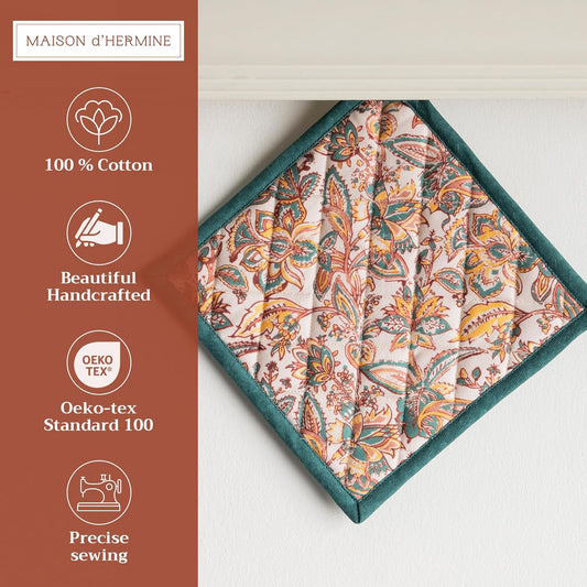 Maison d' Hermine Pot Holders Set 100% Cotton Heat Resistant Potholders 8" x 8" Hot Pads with Loop BBQ, Cooking, Baking, Grilling, Kitchen, Handling Hot Pans (Pack of 2, Nila)