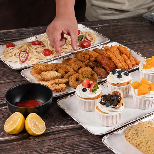 4-Pack 14" x 7" White Serving platter Set, Reusable Farmhouse Melamine Serving Platters for Cookie, Appetizer, Charcuterie, Snack, Party Food Display - Stackable Kitchen CounterTop Tray.