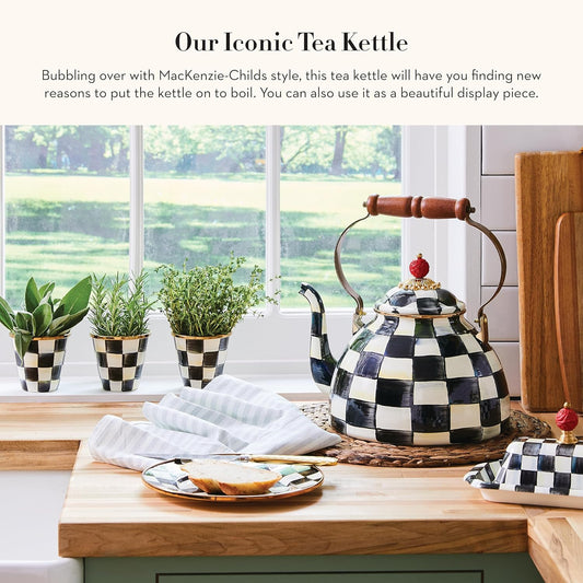 MACKENZIE-CHILDS Enamel Tea Kettle, Stylish Tea Kettle for Stovetop, Black-and-White Courtly Check, 3 Quarts